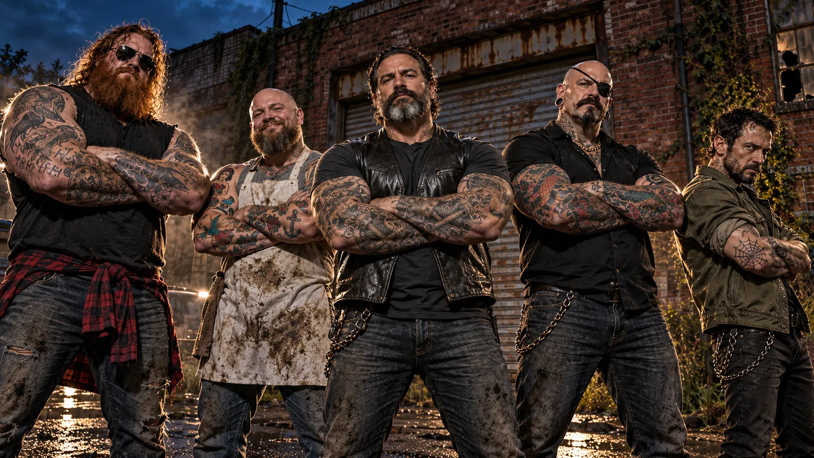 The five members of CUNTPUMMEL, arms crossed, outside the back of Dutch’s Muffler & Brake
